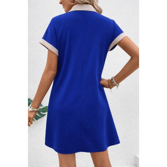 Kadın Kısa Kollu V Yakalı Onden şerit Detaylı Yakalı Kısa Janjan Krep Elbise, 32935