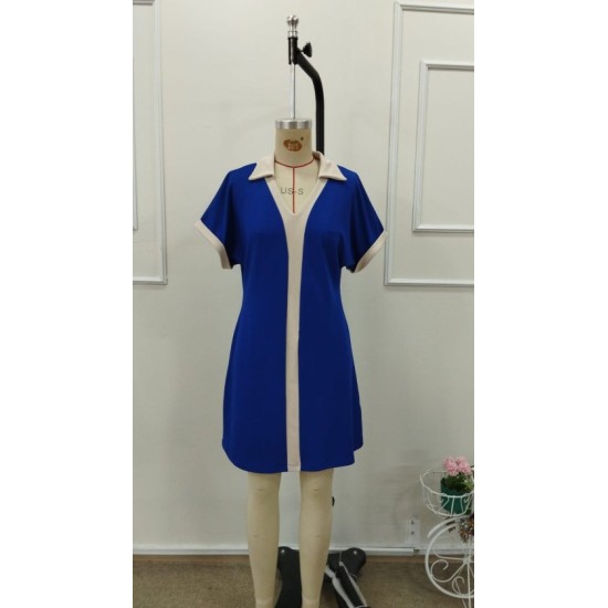 Kadın Kısa Kollu V Yakalı Onden şerit Detaylı Yakalı Kısa Janjan Krep Elbise, 32935