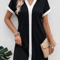 Kadın Kısa Kollu V Yakalı Onden şerit Detaylı Yakalı Kısa Janjan Krep Elbise, 32933 Kadın Kısa Kollu V Yakalı Onden şerit Detaylı Yakalı Kısa Janjan Krep Elbise, 32933