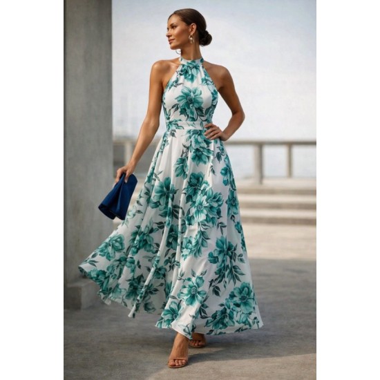 Kadın Omuzlardan Açık Balıkçı Yaka Desenli Uzun Süprem Elbise, 32943