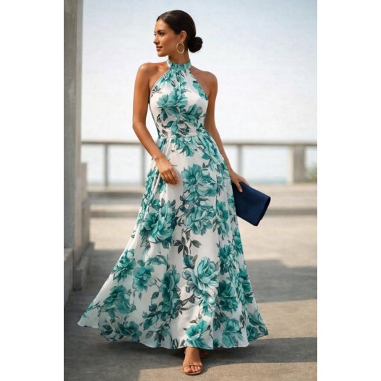 Kadın Omuzlardan Açık Balıkçı Yaka Desenli Uzun Süprem Elbise, 32943