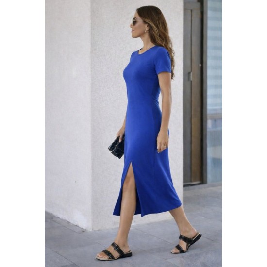 Kadın Kısa Kollu Bisiklet Yaka Yandan Yırtmaçlı Midi Viskon Elbise, 32941