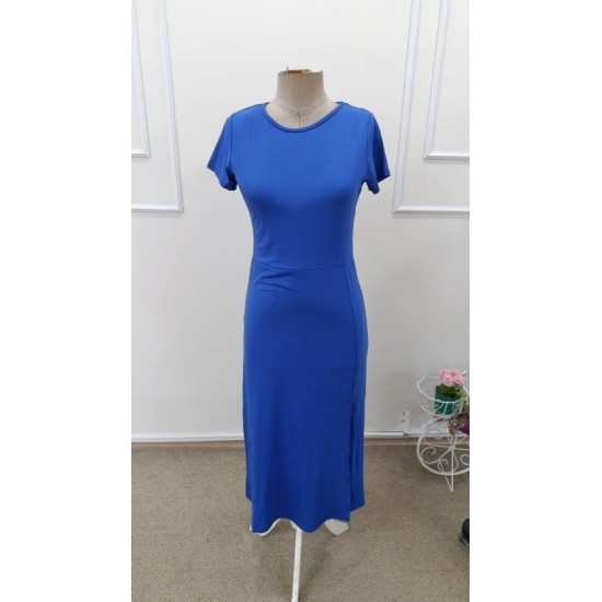 Kadın Kısa Kollu Bisiklet Yaka Yandan Yırtmaçlı Midi Viskon Elbise, 32941