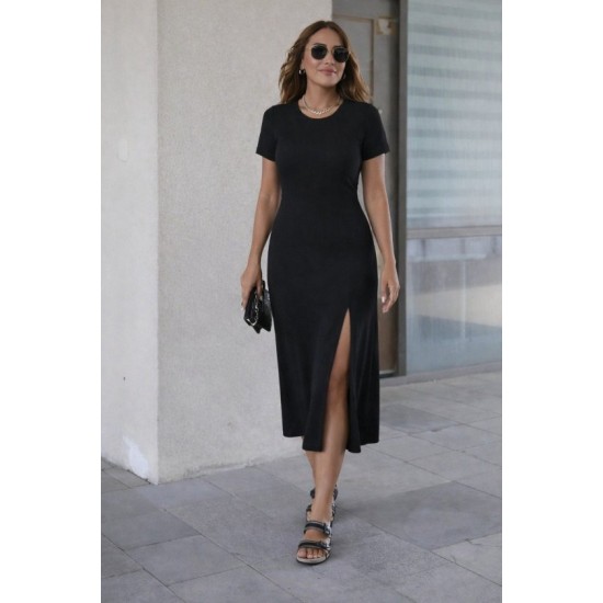 Kadın Kısa Kollu Bisiklet Yaka Yandan Yırtmaçlı Midi Viskon Elbise, 32939