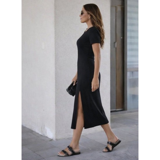 Kadın Kısa Kollu Bisiklet Yaka Yandan Yırtmaçlı Midi Viskon Elbise, 32939