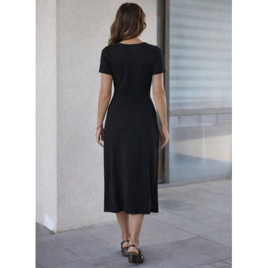 Kadın Kısa Kollu Bisiklet Yaka Yandan Yırtmaçlı Midi Viskon Elbise, 32939