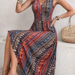 Kadın Beli Gipeli Etnik Desen Sıfır Kol Süprem Elbise, 32948