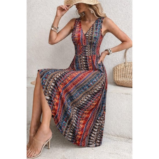 Kadın Beli Gipeli Etnik Desen Sıfır Kol Süprem Elbise, 32948