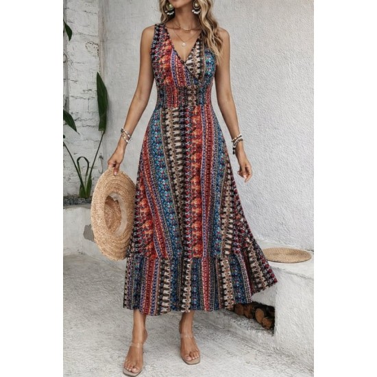 Kadın Beli Gipeli Etnik Desen Sıfır Kol Süprem Elbise, 32948