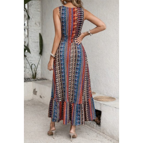 Kadın Beli Gipeli Etnik Desen Sıfır Kol Süprem Elbise, 32948