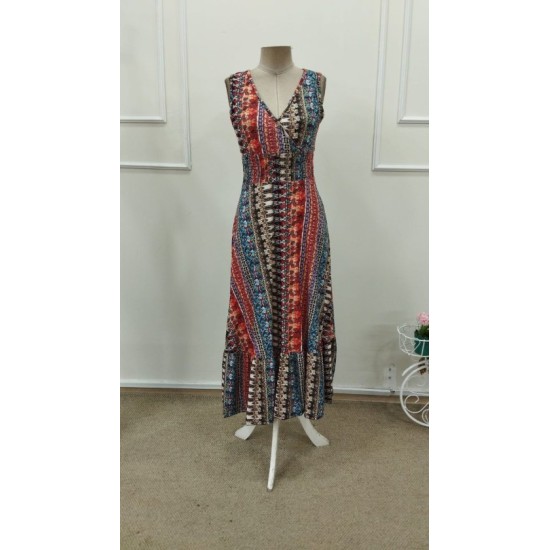 Kadın Beli Gipeli Etnik Desen Sıfır Kol Süprem Elbise, 32948