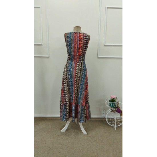 Kadın Beli Gipeli Etnik Desen Sıfır Kol Süprem Elbise, 32948