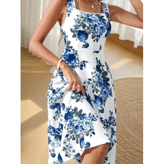 Kadın Askılı Kare Yakalı çiçek Desenli Midi Dalgıç Elbise, 32957