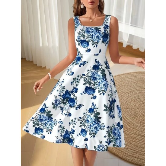 Kadın Askılı Kare Yakalı çiçek Desenli Midi Dalgıç Elbise, 32957