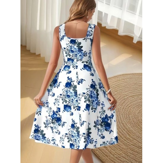 Kadın Askılı Kare Yakalı çiçek Desenli Midi Dalgıç Elbise, 32957