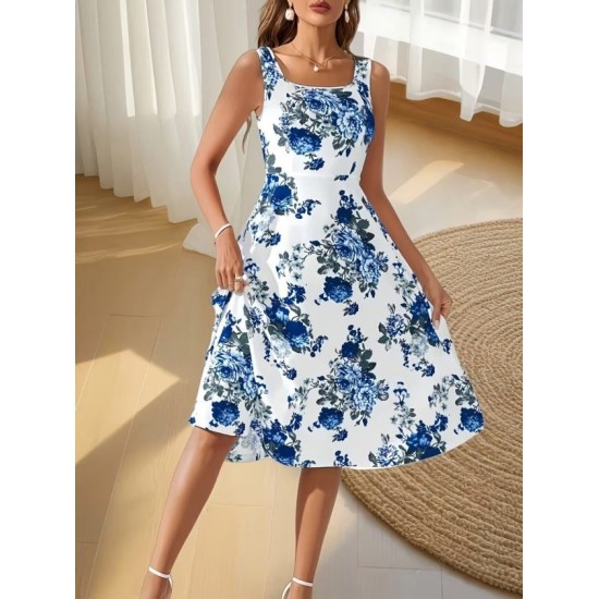 Kadın Askılı Kare Yakalı çiçek Desenli Midi Dalgıç Elbise, 32957