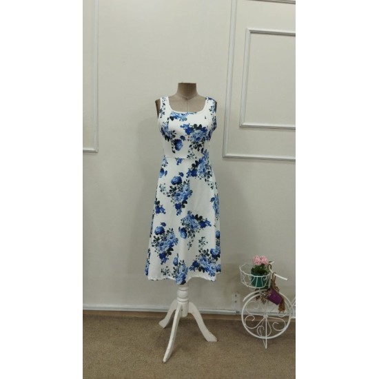 Kadın Askılı Kare Yakalı çiçek Desenli Midi Dalgıç Elbise, 32957