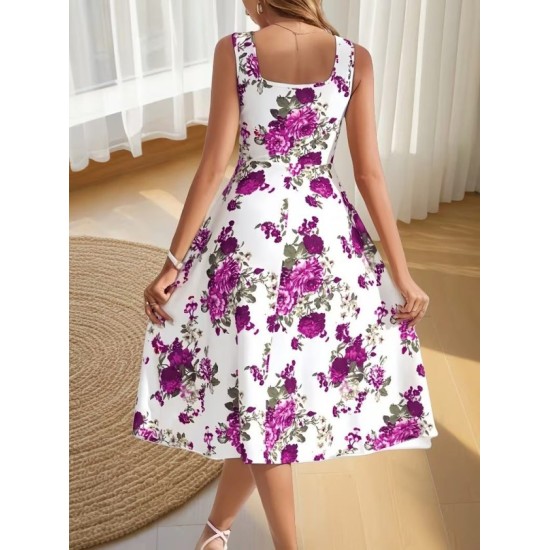 Kadın Askılı Kare Yakalı çiçek Desenli Midi Dalgıç Elbise, 32955 Kadın Askılı Kare Yakalı çiçek Desenli Midi Dalgıç Elbise, 32955