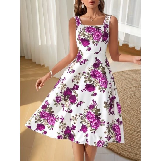 Kadın Askılı Kare Yakalı çiçek Desenli Midi Dalgıç Elbise, 32955 Kadın Askılı Kare Yakalı çiçek Desenli Midi Dalgıç Elbise, 32955