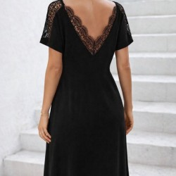 Kadın Kısa Kollu Dantel V Yakalı Midi Viskon Elbise, 32977