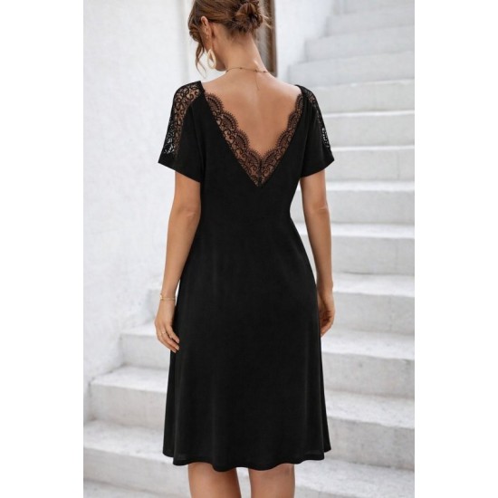 Kadın Kısa Kollu Dantel V Yakalı Midi Viskon Elbise, 32977