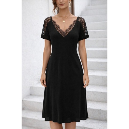Kadın Kısa Kollu Dantel V Yakalı Midi Viskon Elbise, 32977
