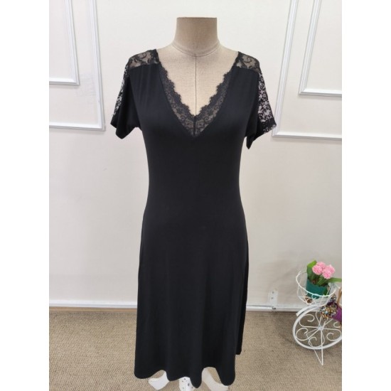 Kadın Kısa Kollu Dantel V Yakalı Midi Viskon Elbise, 32977