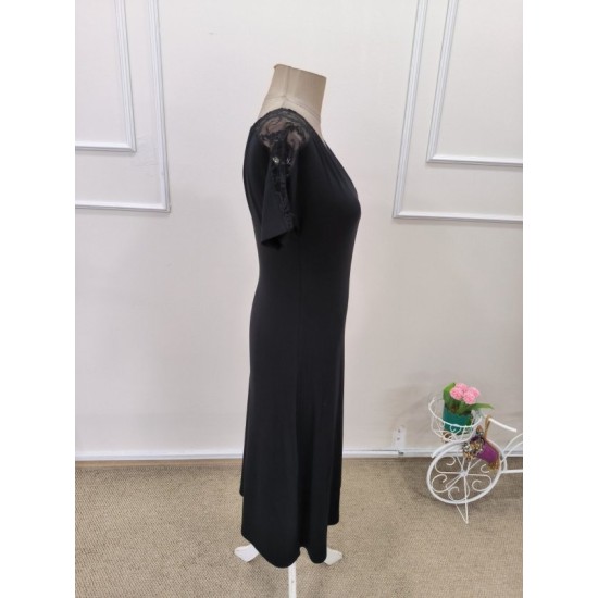 Kadın Kısa Kollu Dantel V Yakalı Midi Viskon Elbise, 32977