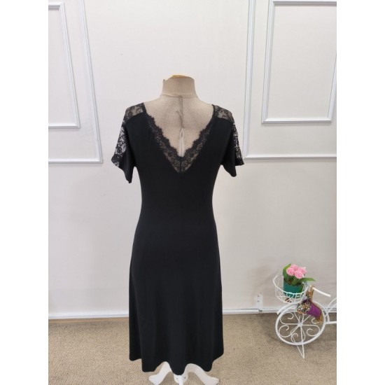 Kadın Kısa Kollu Dantel V Yakalı Midi Viskon Elbise, 32977