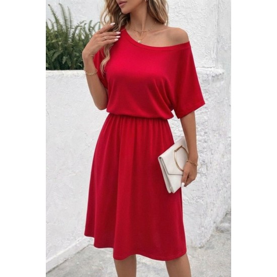 Kadın Kısa Kollu Omuzdan Açık Kiloş Midi Viskon Elbise, 32976