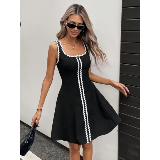 Kadın Askılı Yuvarlak Yakalı şerit Desenli Kısa Kiloş Elbise, 32966