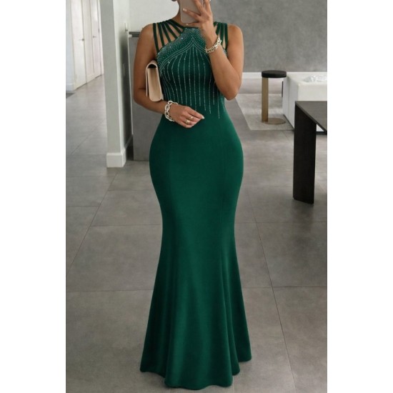 Kadın Omuz çoklu Askılı önü Taş Işlemeli Balık Kesim Janjan Krep Maxi Boy Elbise, 32964