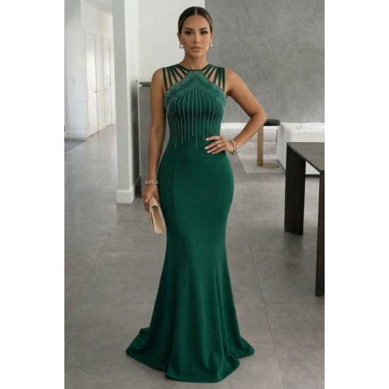 Kadın Omuz çoklu Askılı önü Taş Işlemeli Balık Kesim Janjan Krep Maxi Boy Elbise, 32964