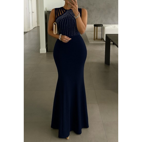 Kadın Omuz çoklu Askılı önü Taş Işlemeli Balık Kesim Janjan Krep Maxi Boy Elbise, 32961