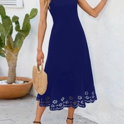 Kadın Kolsuz Etek Ucu Lazer Kesim çiçek Desenli Midi Boy Ithal Krep Elbise , 25650