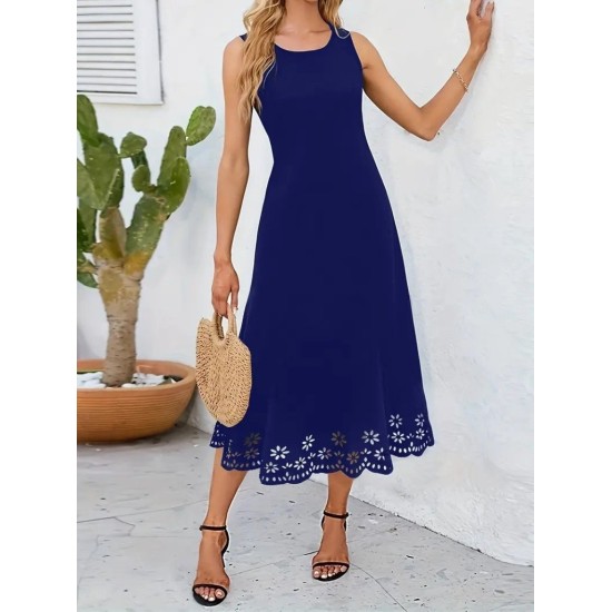 Kadın Kolsuz Etek Ucu Lazer Kesim çiçek Desenli Midi Boy Ithal Krep Elbise , 25650